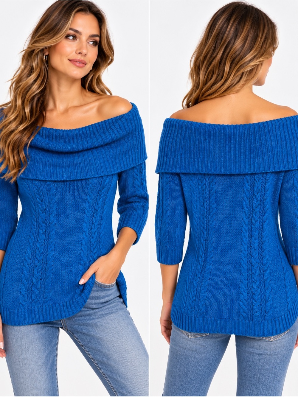 United States Sweaters Blue Cable Knit Off Shoulder Sweater S